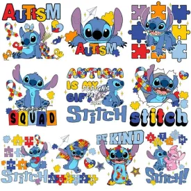 10 Autism Awareness Stitch Cartoon Designs Bundle PNG DXF EPS PDF SVG