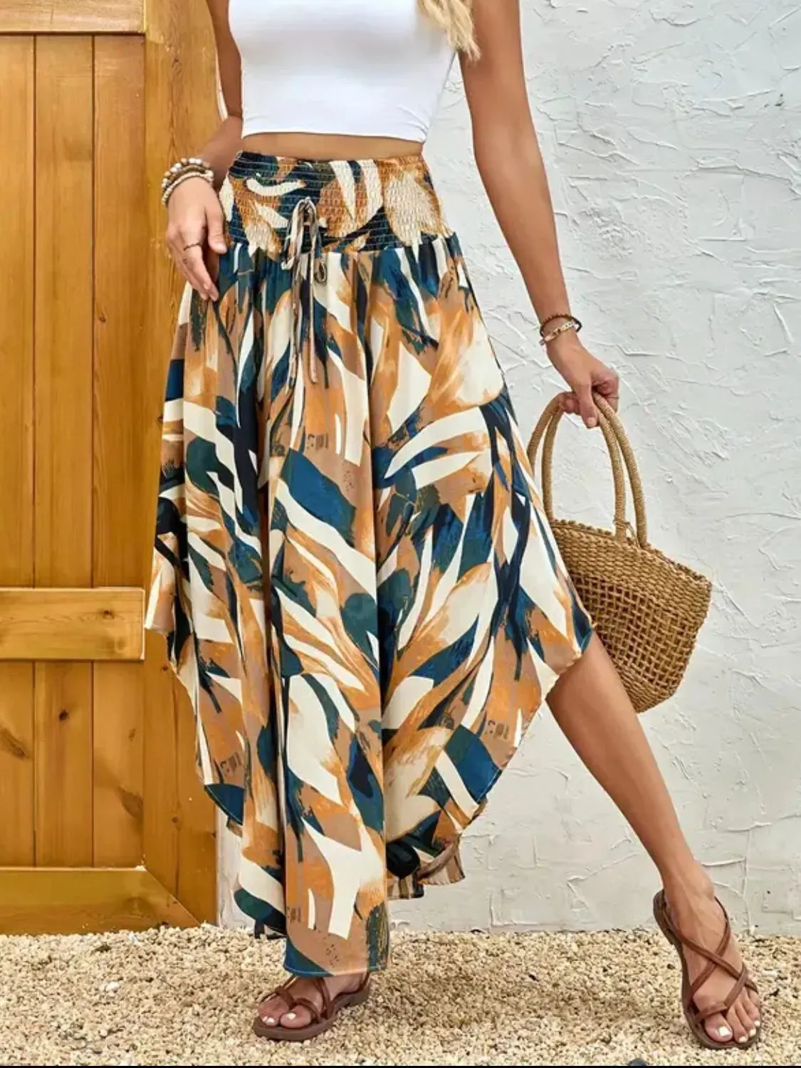 Asymmetrical Smocked Printed Skirt