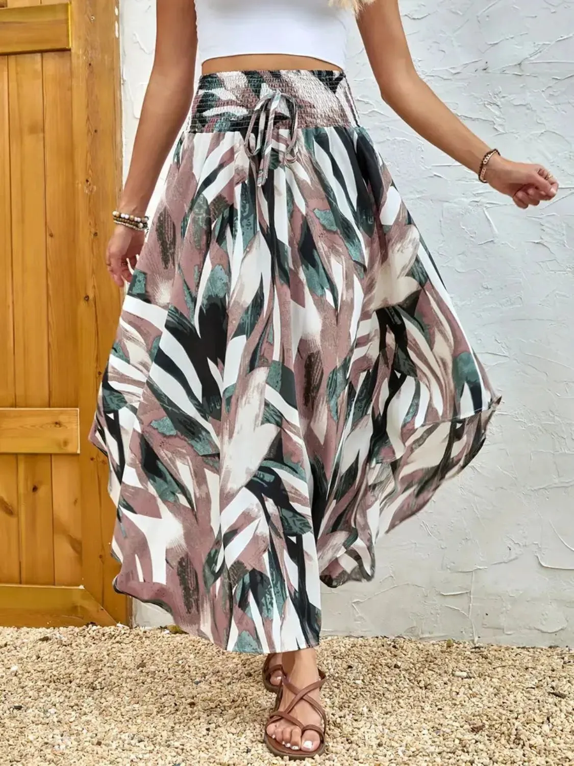 Asymmetrical Smocked Printed Skirt