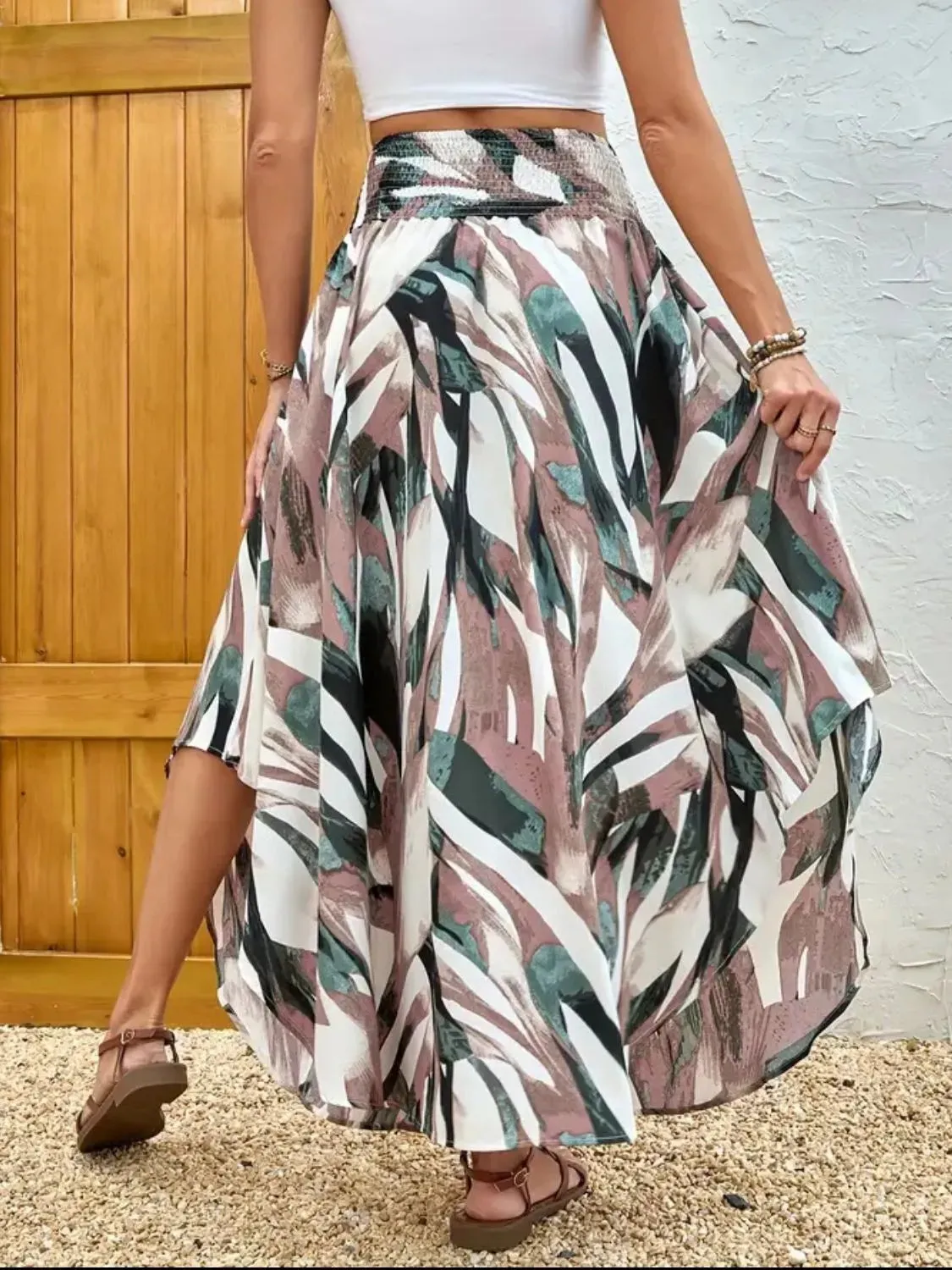 Asymmetrical Smocked Printed Skirt