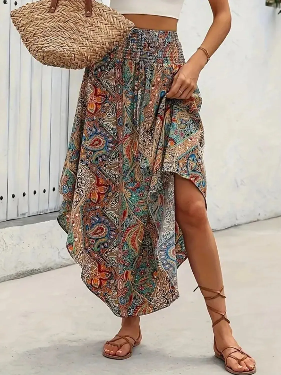 Asymmetrical Smocked Printed Skirt