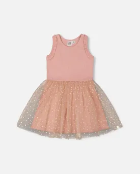 Bi-Material Dress With Printed Dots On Mesh Skirt Warm Old Pink