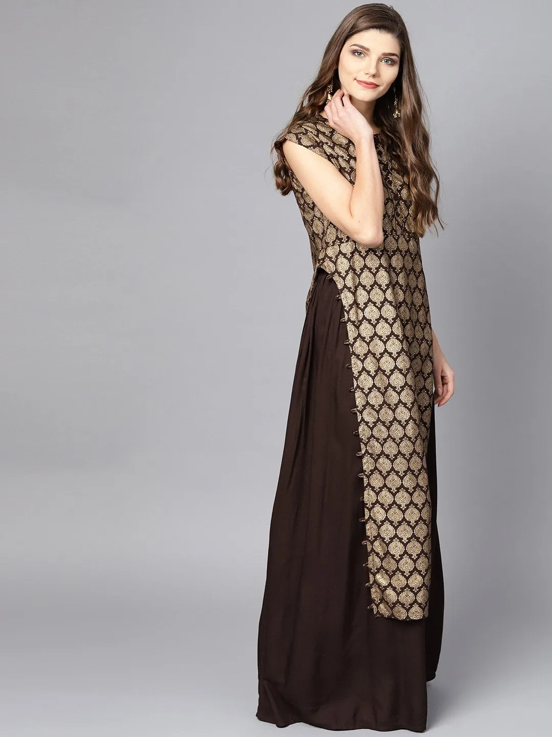 Black And Gold Printed Kurta Set With Ankle Length Skirt