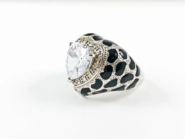 Fun Unique Heart Shape Center CZ Polka Dot Pattern Brass Ring