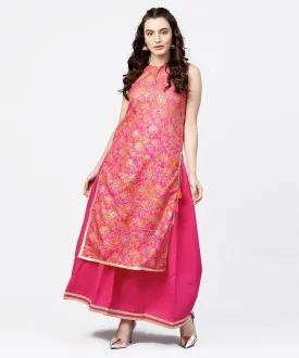 Pink Printed Boat Neck Sleeveless Kurta With A Solid Dye Skirt