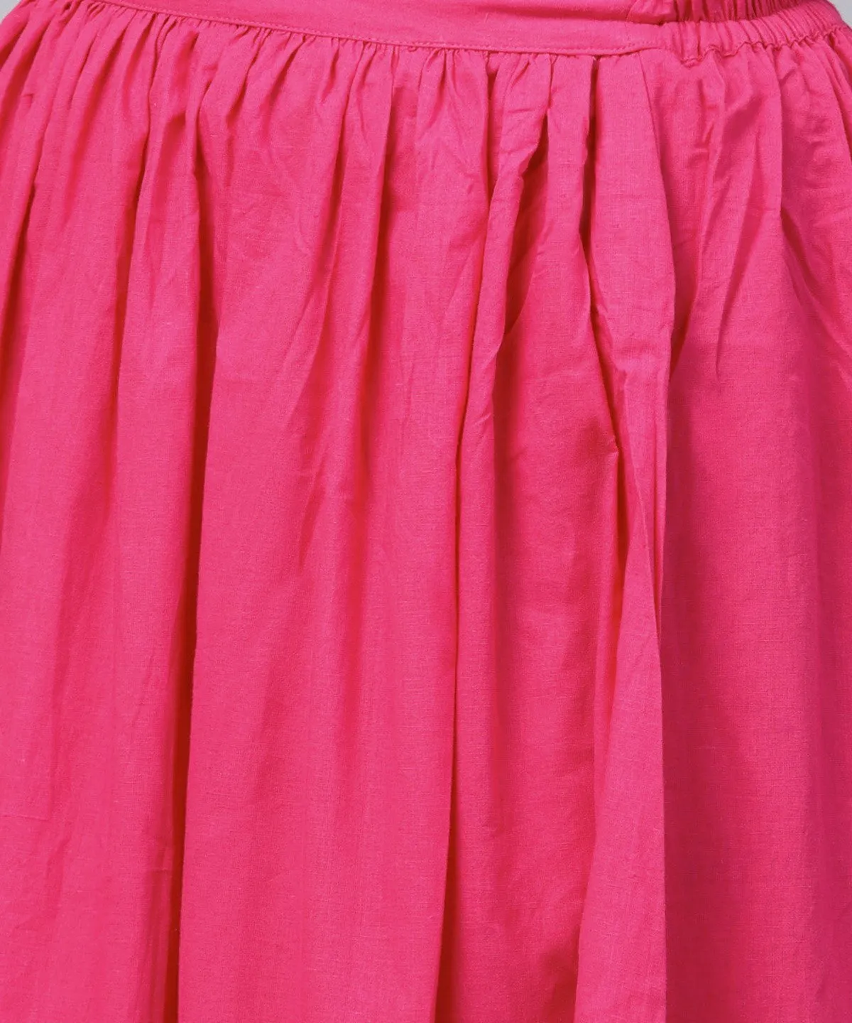 Pink Printed Boat Neck Sleeveless Kurta With A Solid Dye Skirt