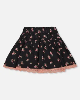 Printed Flowers Flare Viscose Skirt Black