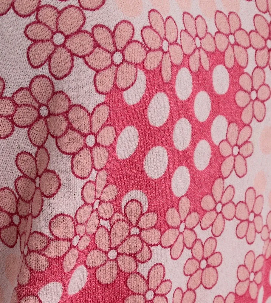 Vintage 1960s Knit T-Shirt / Mod Pink Floral Print