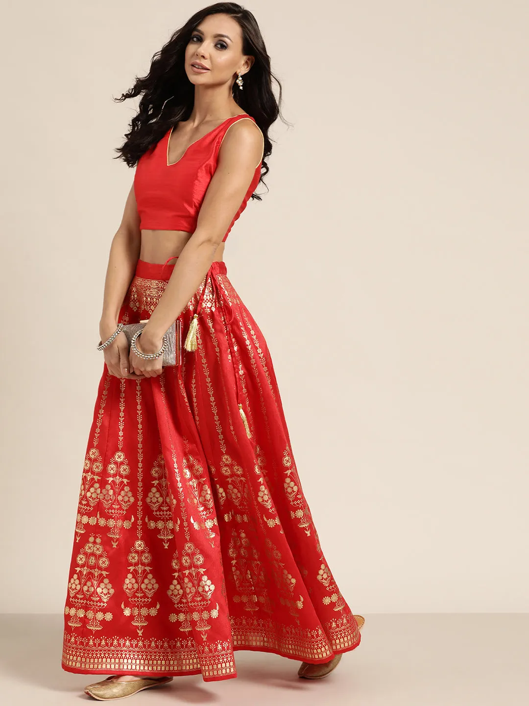 Women Red Foil Print Anarkali Skirt