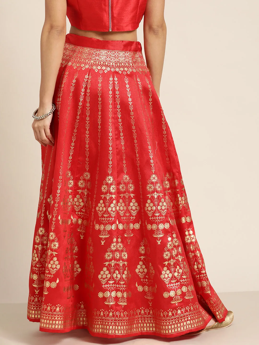 Women Red Foil Print Anarkali Skirt