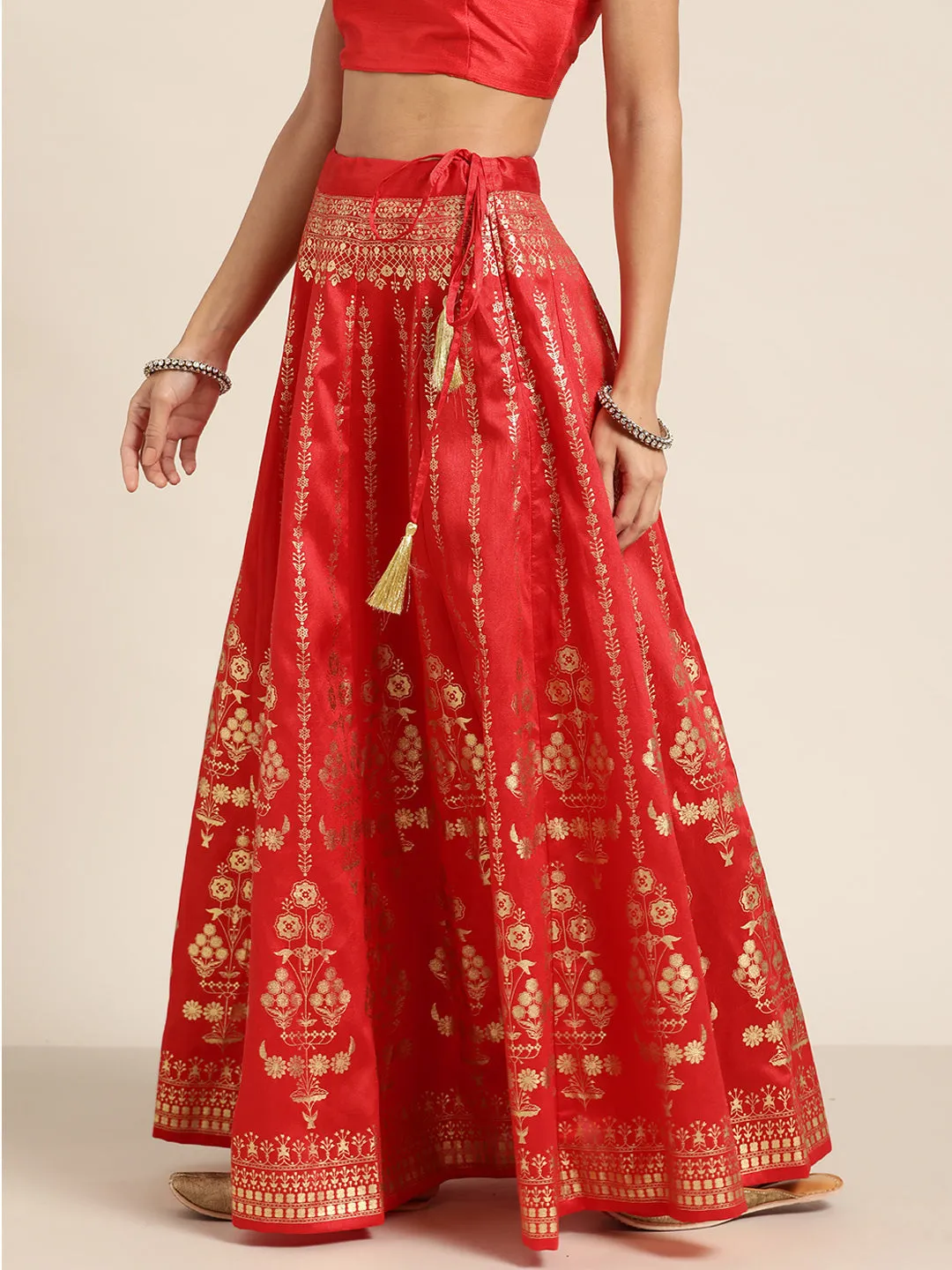 Women Red Foil Print Anarkali Skirt